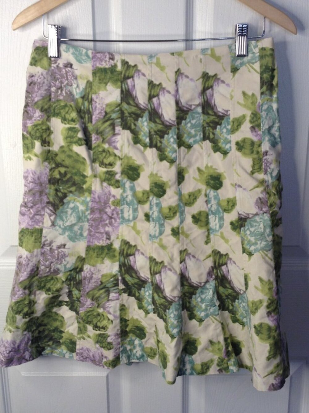 VTG Ann Taylor Cotton/Silk Skirt 6P Trumpet Skirt Lined Hydrangeas Garden Party